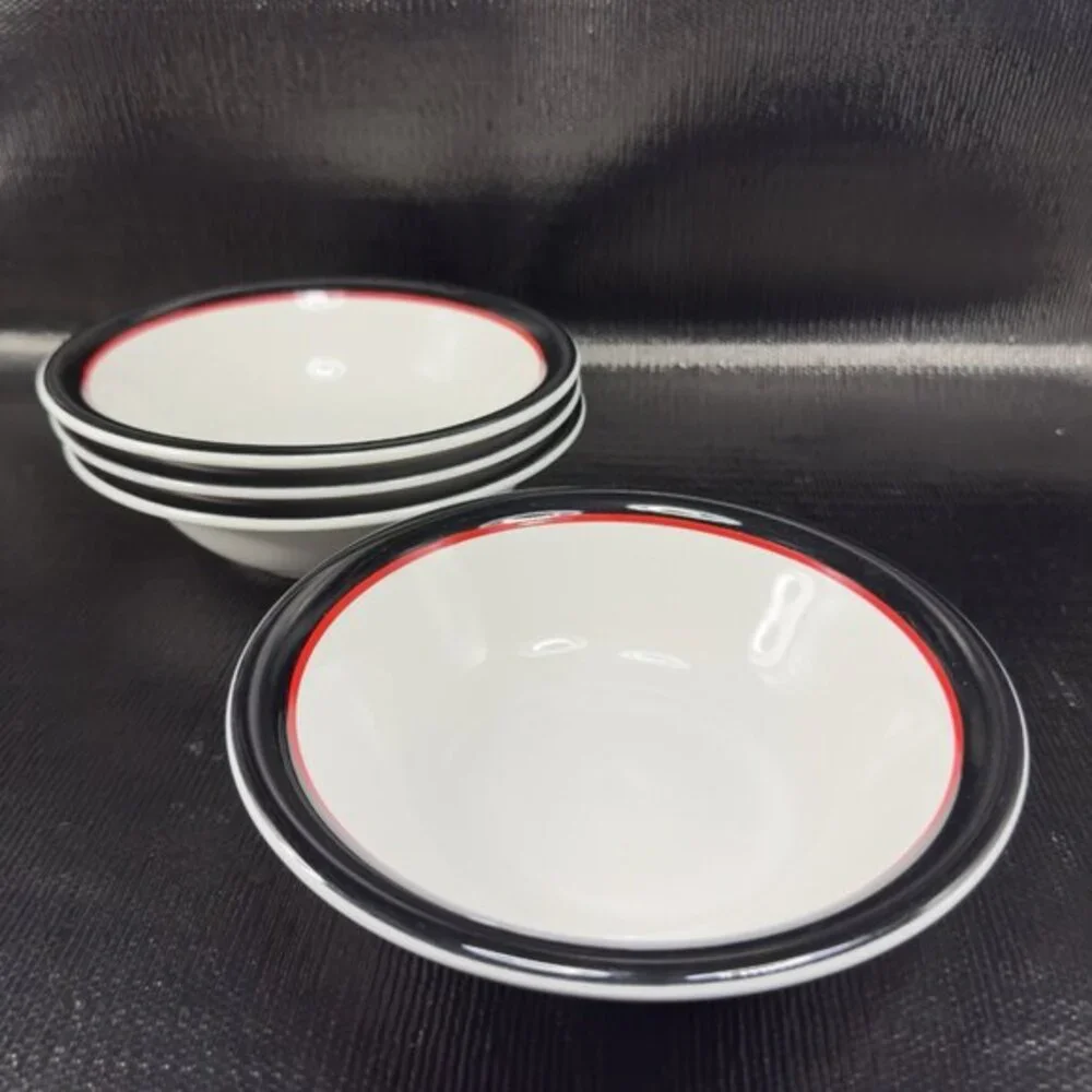 Ranmaru Tuxedo Japan Ceramic Stoneware Black Red White Deep Dish Bowl Set4 Bowls